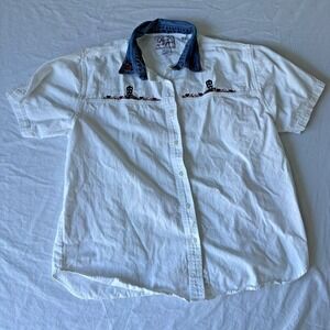 VTG Let's Quizz Again Womens White Embroidered Western Button Up Shirt Size XL